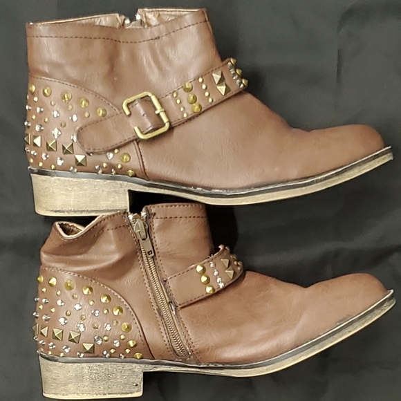 Shoes - Brown Studded Buckle Booties